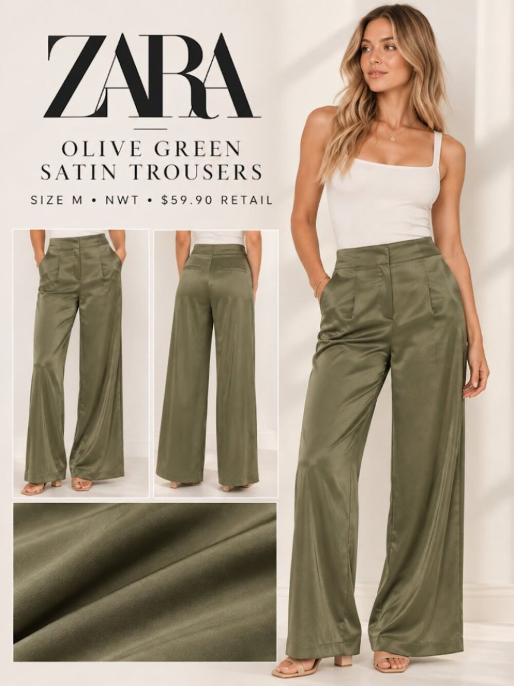 NWT Zara Olive Green Silky Wide-Leg Trousers